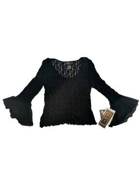 Vintage R&K Evening Black Lace Bell Sleeve Blouse with Ruffle Accents Size 8 New